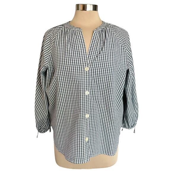 Free Assembly Gingham Plaid Navy White Button Up Shirt LRG Peasant Casual Spring - Picture 1 of 9